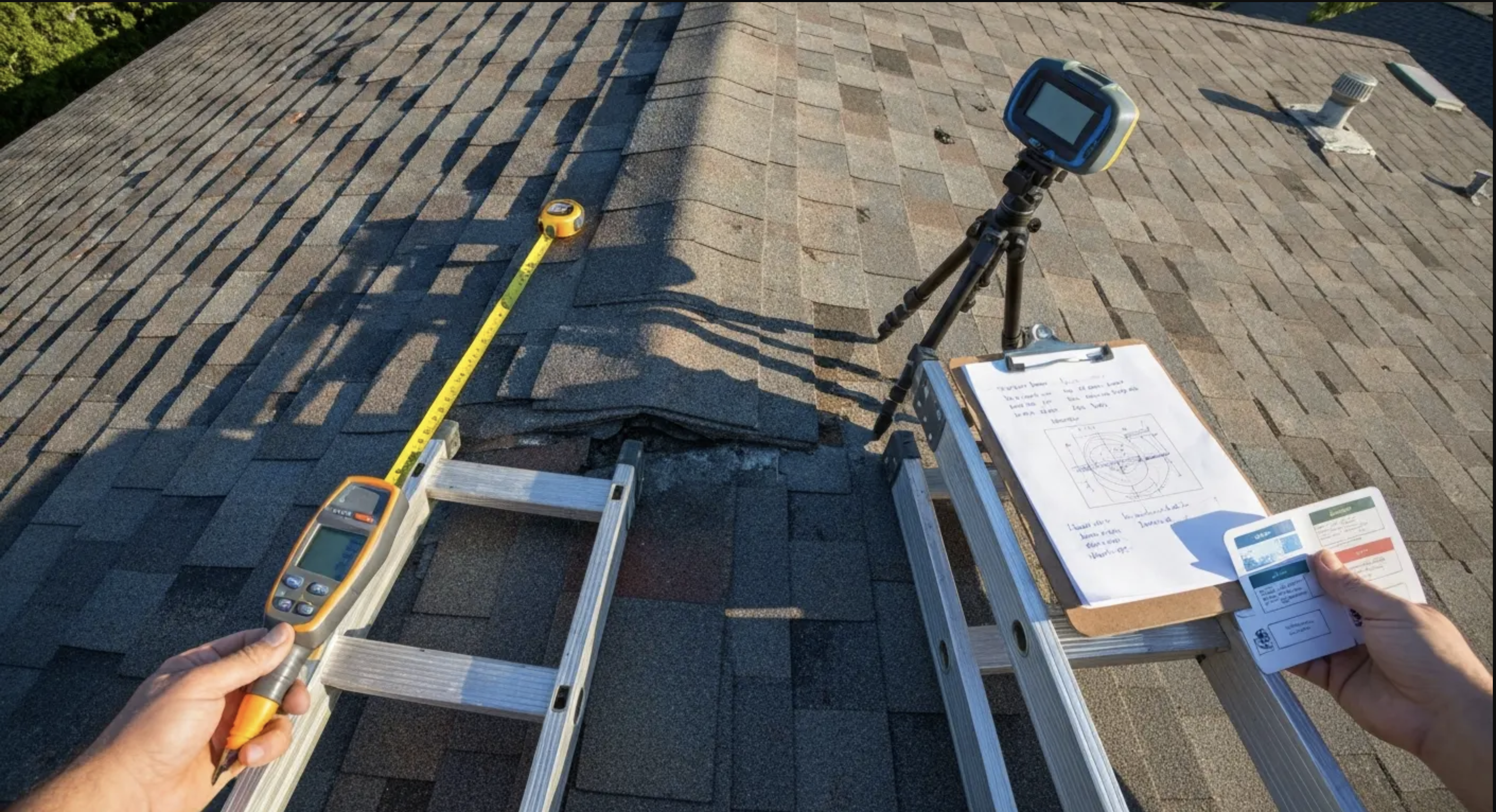 Roofer inspecting roof damage on a Sacramento home