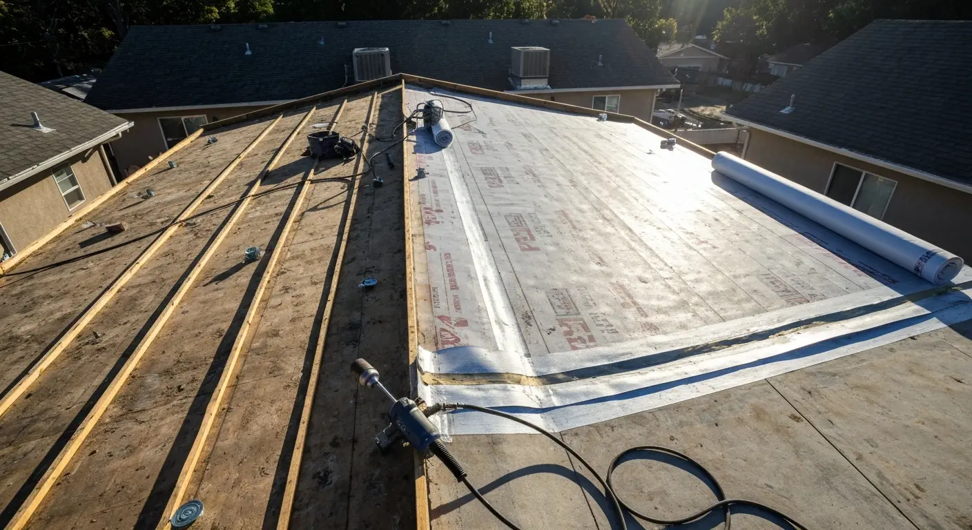 Flat roof repair work on a Sacramento residential building